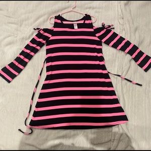 Cold shoulder pink and black stripped dress!